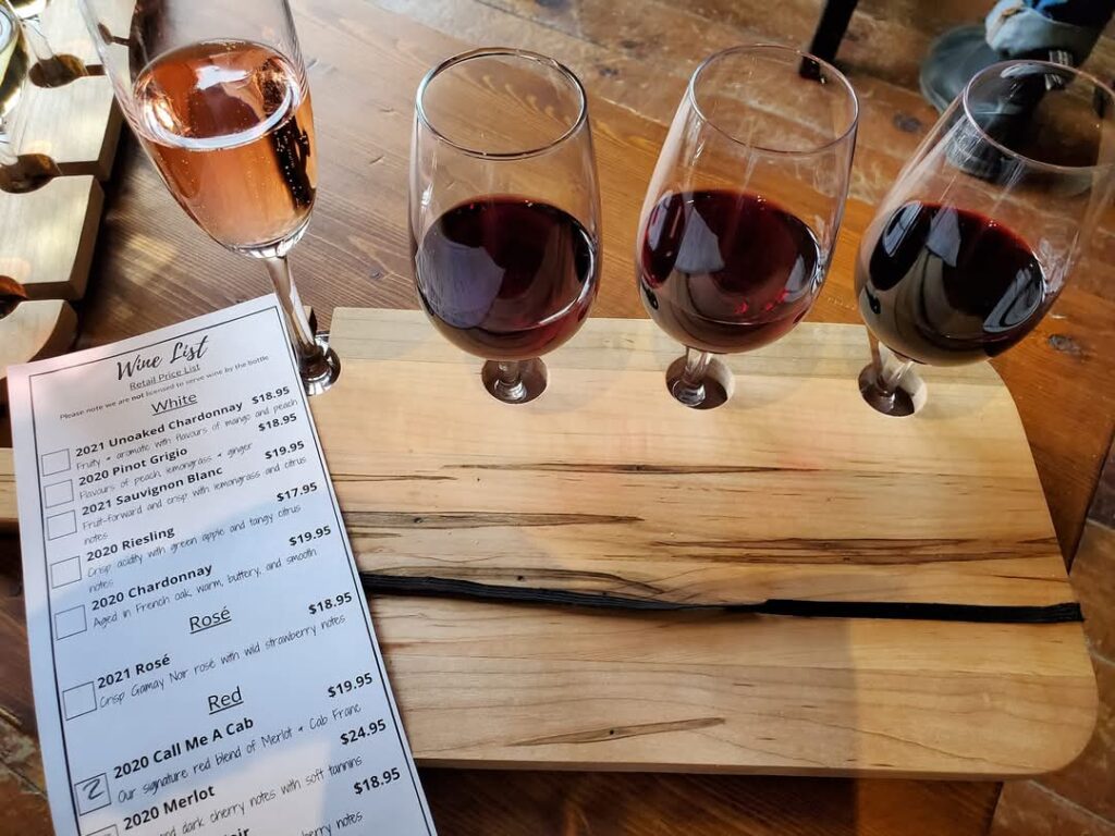 It's all about the wine a Ridge Road Winery.  Enjoy a flight of 60 oz of wine, divieded among 4 glasses