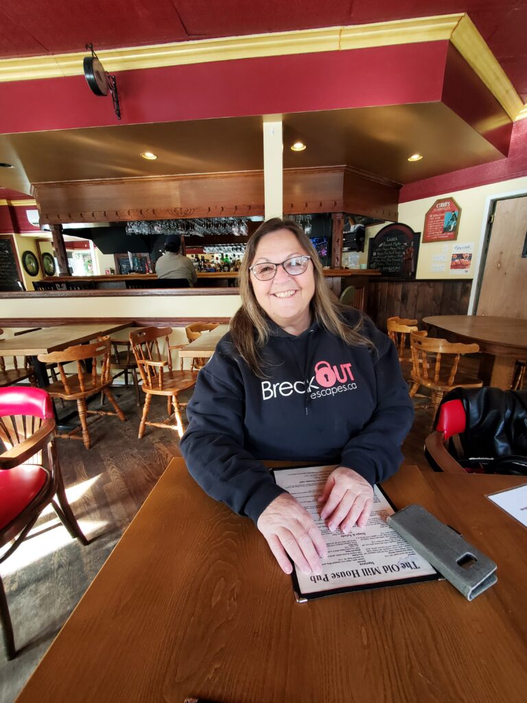 Enjoying lunch at The Old Mill House Pub in Creemore, on a road trip to Blue Mountain