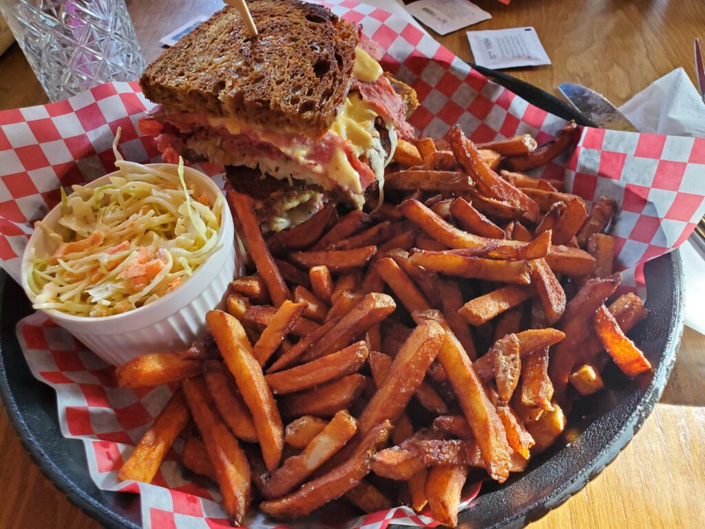 enjoying a fresh, hot rueban sandwich at The Pub in Creemore on our way to Blue Mountain