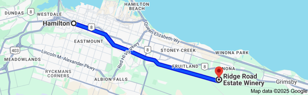 Map showing where Ride Road Estate Winery is from Hamilton