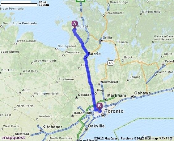 map showing directions from Toronto to Midland Ontario