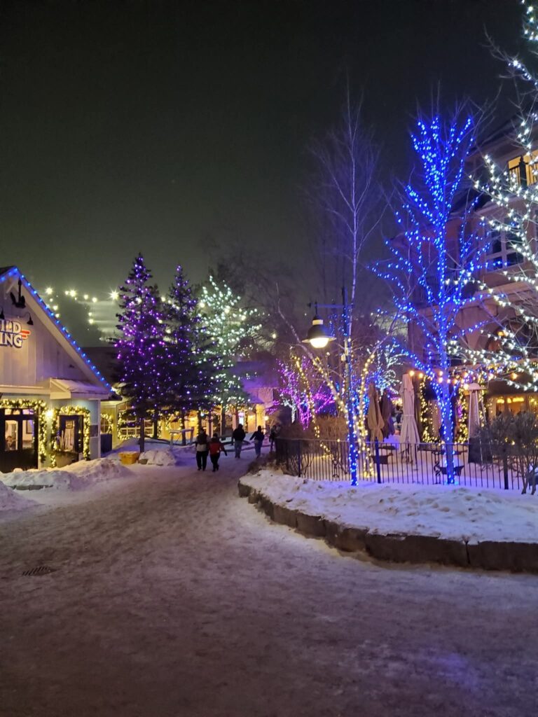 Enjoying the magical lights during a winter weekond Ontario getaway with the family in Blue Mountains