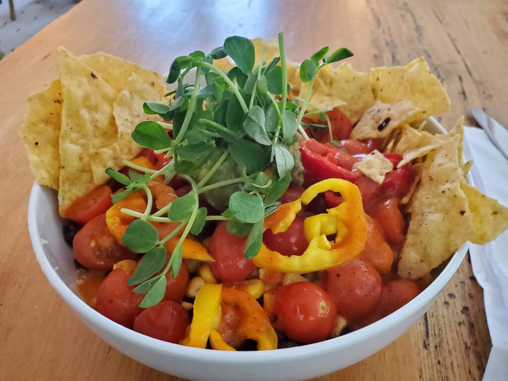 The taco bowl full of rice, beans, peppers, and tomatoes is a healthy choice at the Press Cafe, one of the top restaurants in Collingwood