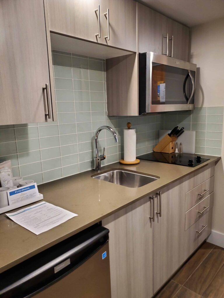 My room had a full kitchen that had large microwave, stovetop and large refrigerator