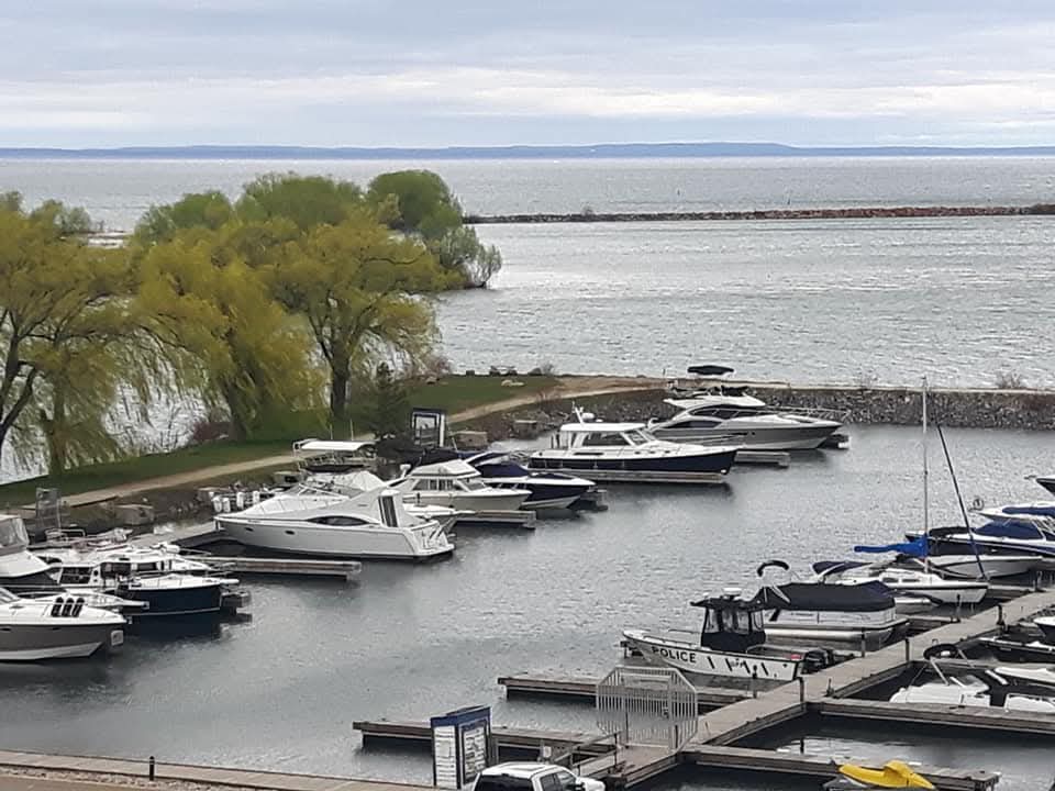 View of the Collingwood harbour from my balcony at the Living Water Resort, the best place to stay in Collingwood on the water