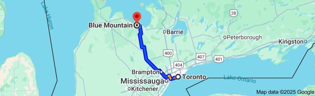 driving map from Toronto to Collingwood and Blue Mountain on Georgian Bay