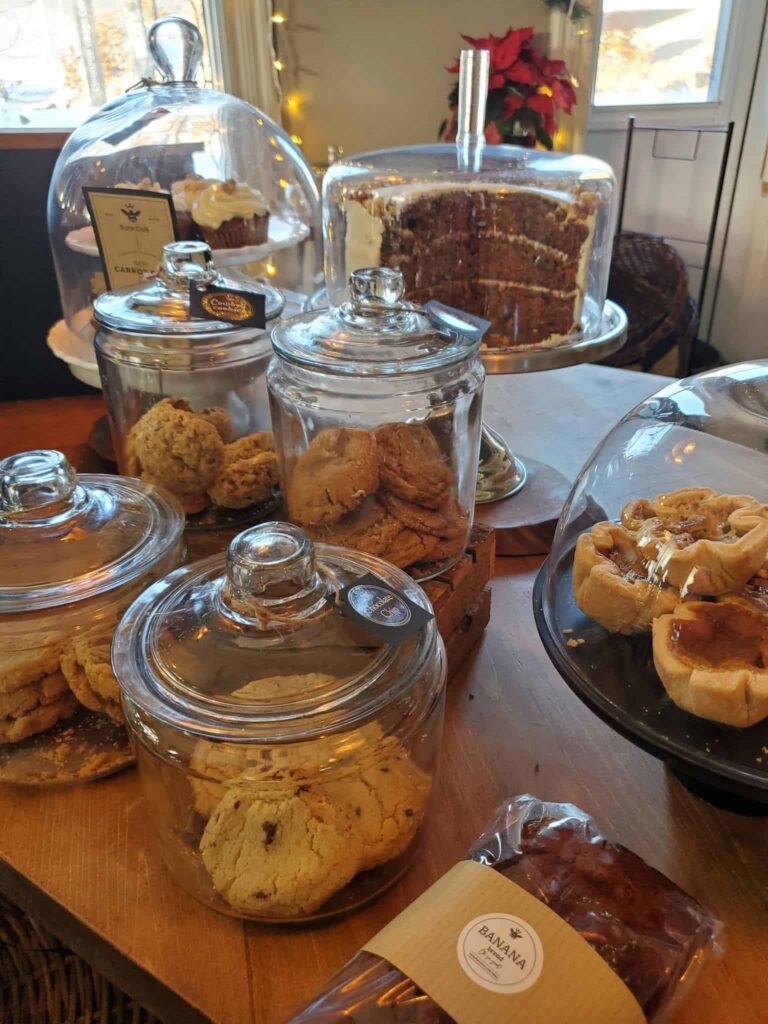 The Bank in Creemore sells the best carrot cake, cookies, and muffins and offers a wide variety