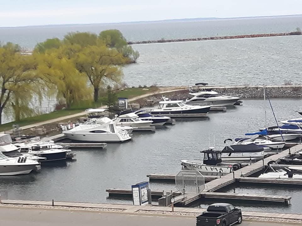 view of the boats, Collingwood Harbour, and Georgian Bay from my balcony at the Living Water Resort & Spa