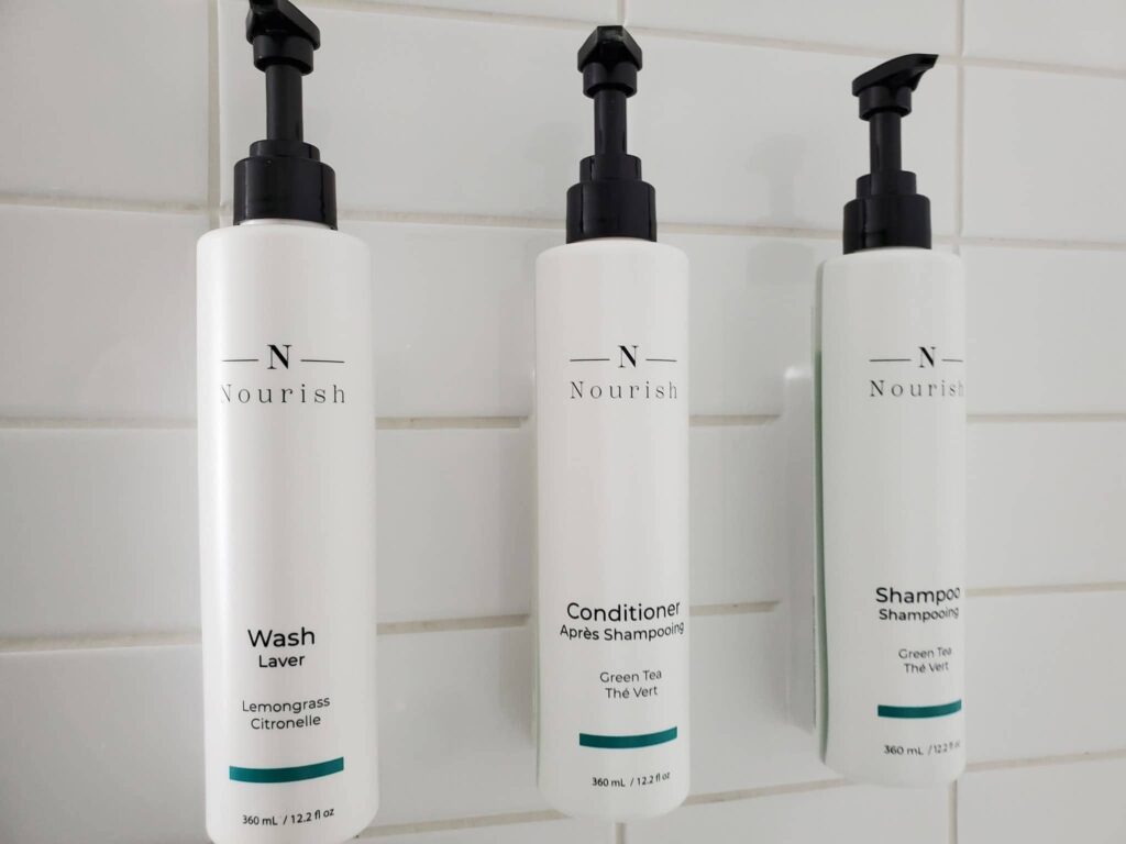 The bathrooms at Mosaic are well stocked with toiletries, including shampoo, conditioner, and body wash