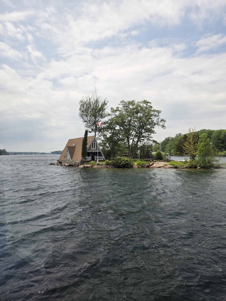 a cute A-line home on a small island accessible only by boat