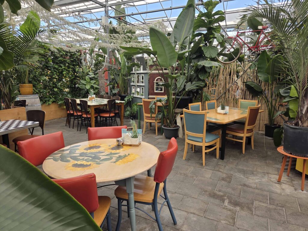 The cool garden dining area guests can enjoy when visiting The Watering Can