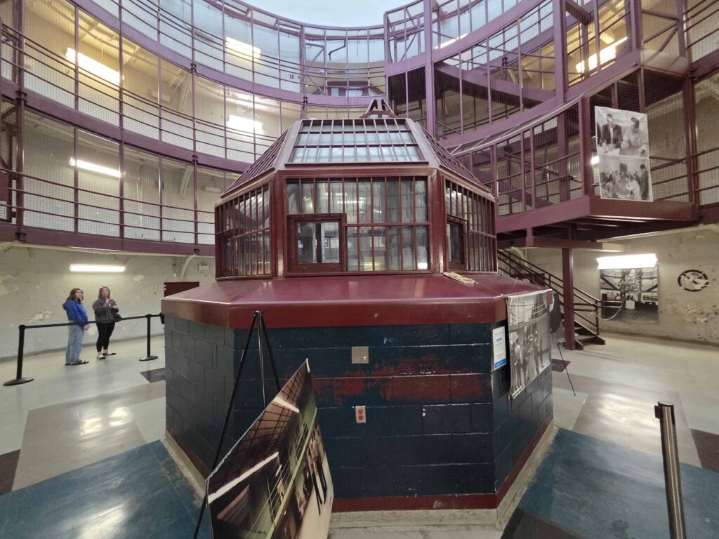 spot where the prison guards sit so they can monitor the prisoners cells