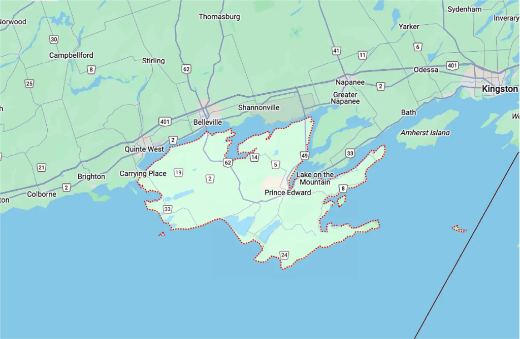 map of how to get from Kingston to Prince Edward County by the 401