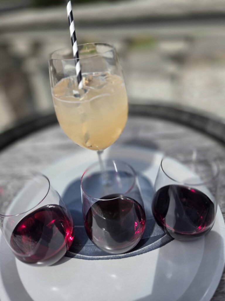 my wine flight and my friend's mocktail enjoyed at a winery in Niagara Benchlands after visiting The Watering Can in Vineland